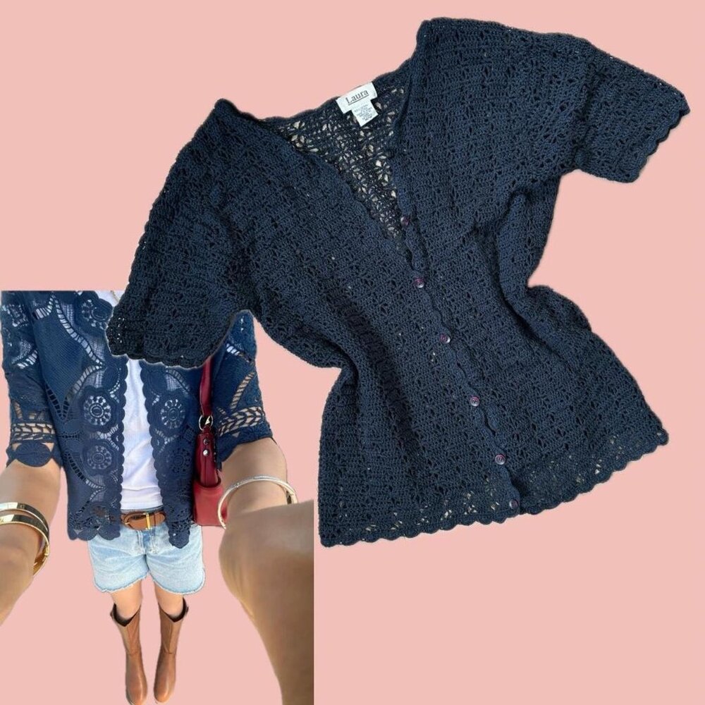 🧡 2 for 10$ Vintage Navy Crochet Top 100% Cotton, Scalloped Hem